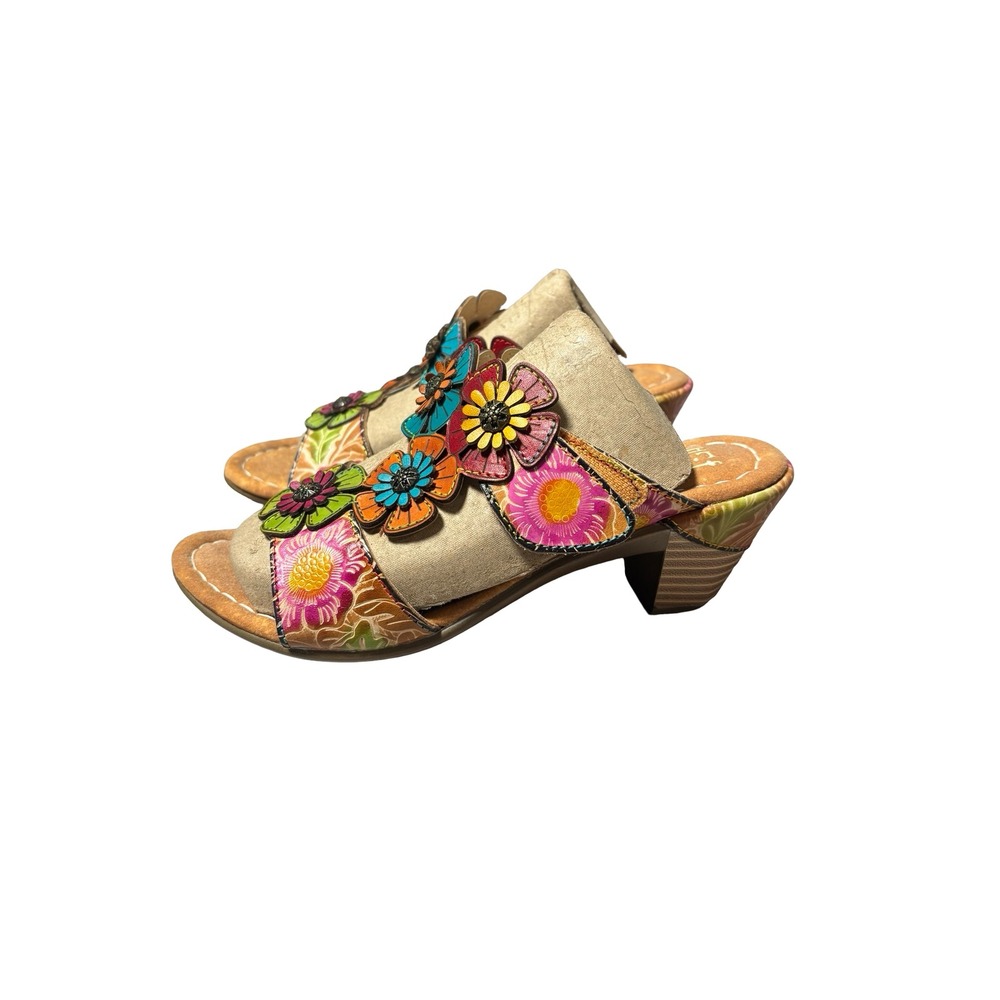 L'Artiste Spring Step D-Cade Floral Leather Slides Mules 38 Multi Color Heel